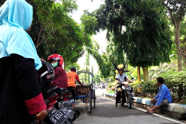 Meihendra, Nyamuk pembawa pesan penangkal Demam Berdarah Dengue (DBD), saat melintas di depan RSUD Jombang Jawa Timur, Jumat (8/2/2019).