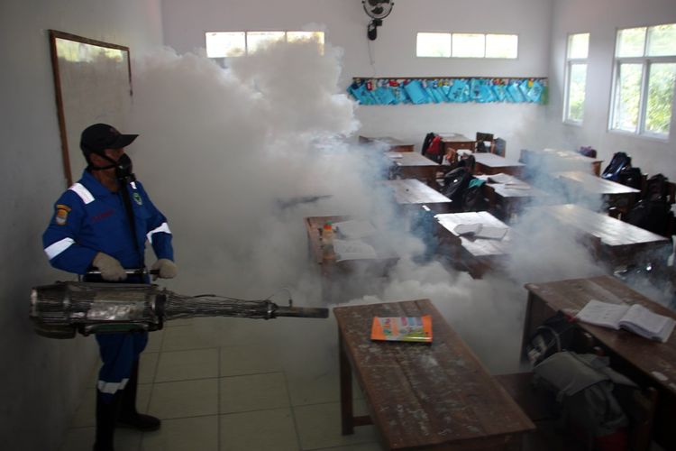 Seorang petugas melakukan Fogging Focus di salah satu sekolah di kelurahan perbutulan kecamatan sumber Kabupaten Cirebon, Jawa Barat, Kamis (24/1/2019). Ada sebanyak 230 kasus warga yang positif terserang DBD sejak tahun 2018 hingga awal 2019. 