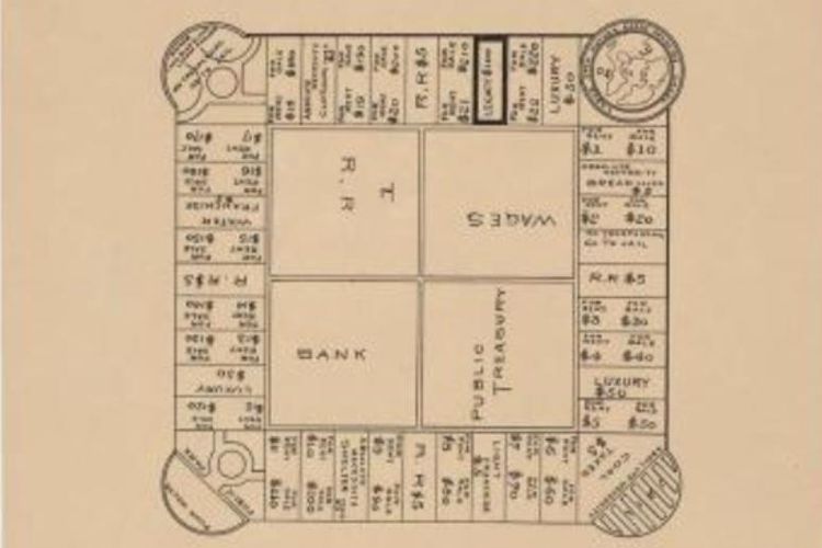Sebuah gambar menunjukkan rencana untuk papan nama Elizabeth Lizzie Magie, The Landlords Game.