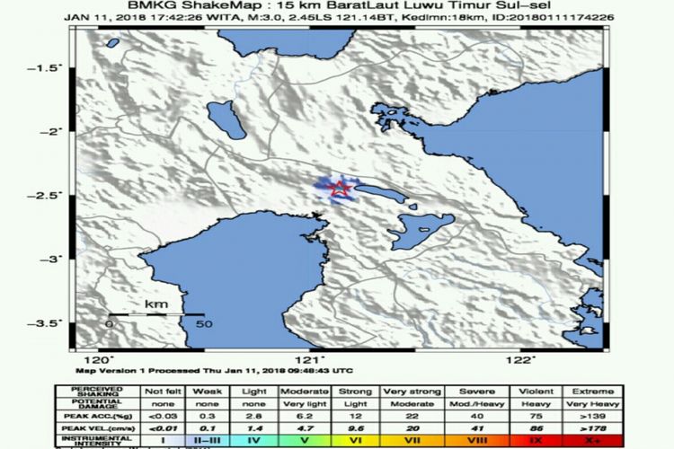 Lokasi gempa bumi di Sorowako, Kabupaten Luwu Timur, Sulawesi Selatan, Kamis (11/1/2018).