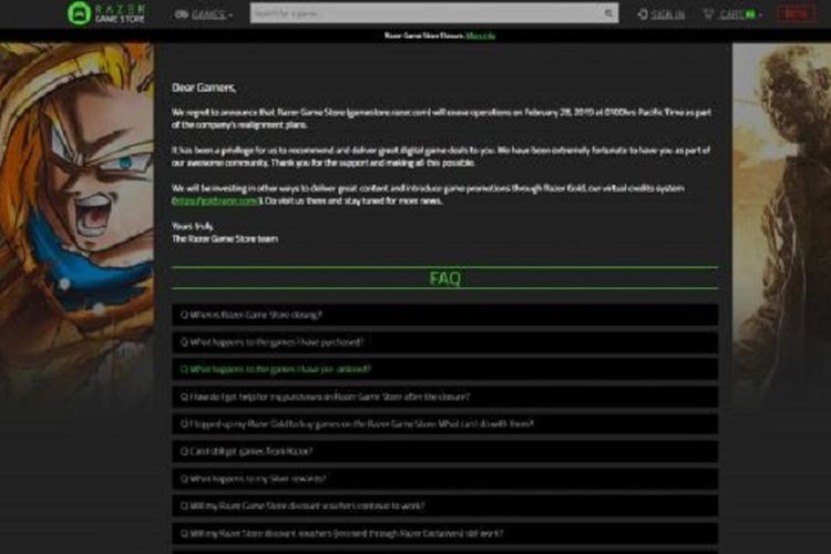 Pengumuman penutupan toko game online Razer