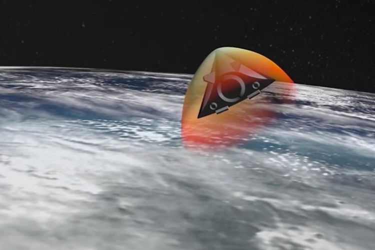 Grafis komputer yang memperlihatkan senjata hipersonik Rusia bernama Avangard melesat melewati atmosfer Bumi.