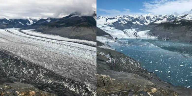 Kemunduran gletser Columbia, Alaska, Amerika Serikat, sebanyak 6,5 kilometer dari tahun 2009 ke 2015.