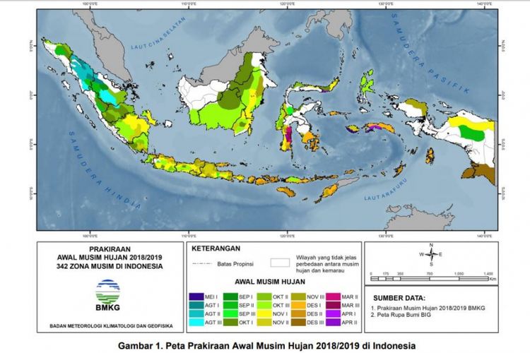 Peta musim hujan di Indonesia periode tahun 2018/2019 berdasarkan data dari Badan Meteorologi, Klimatologi, dan Geofisika (BMKG).