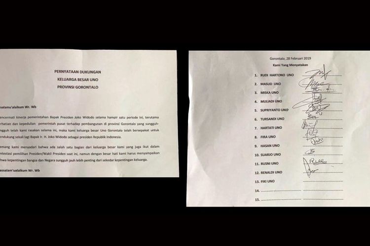 Surat dukungan sekelompok orang yang mengatasnamakan keluarga Uno kepada pencalonan Joko Widodo sebagai Presiden