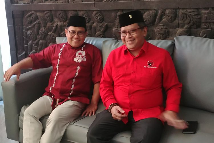 Ketua Umum PKB Muhaimin Iskandar dan Sekjen PDI-P Hasto Kristiyanto di Kantor DPP PKB, Jakarta, Selasa (10/4/2018).