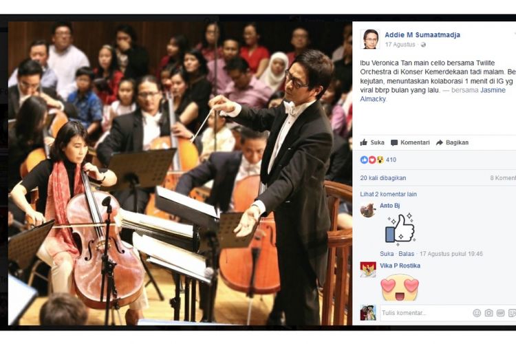 Istri Basuki Tjahaja Purnama, Veronica Tan, saat bermain cello bersama Twilite Orchestra di Konser Kemerdekaan.