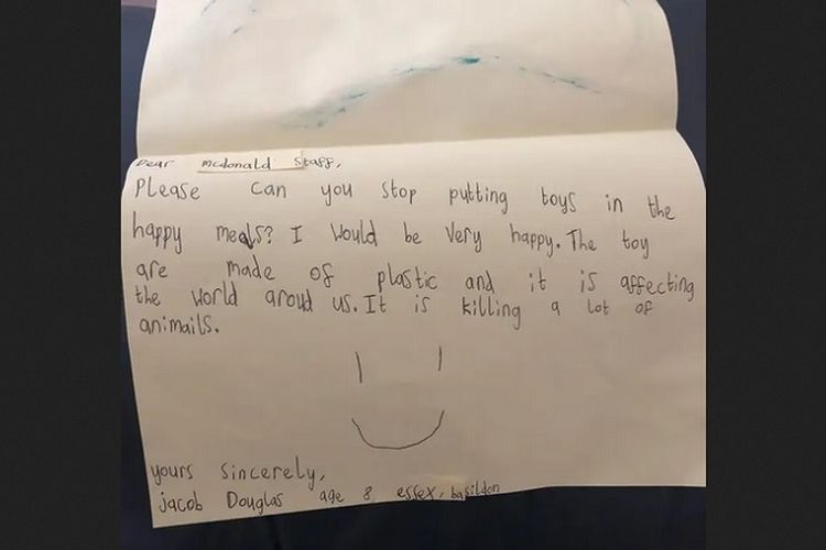 Surat terbuka yang ditulis tangan oleh Jacob Douglas (8) kepada McDonalds.