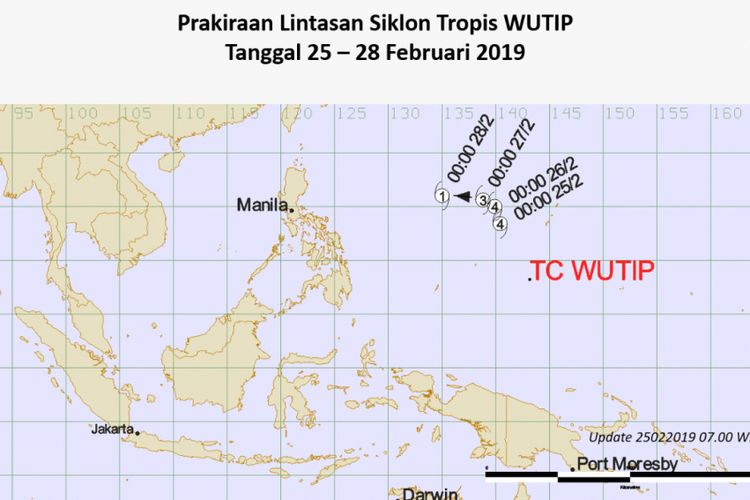 Siklon tropis Wutip lahir di  Samudra Pasifik Utara Papua pada 25 Februari 2019. Ini perkiraan lintasan siklon tropis Wutip hingga 28 Februari 2019.