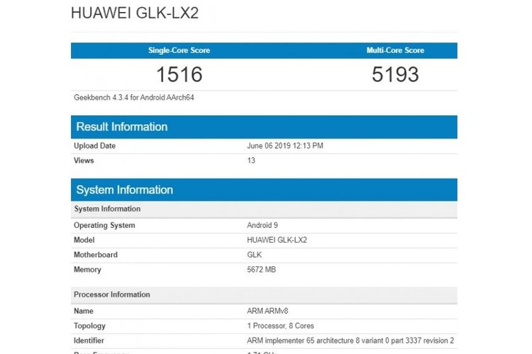 Ilustrasi tangkapan layar Geekbench Huawei Nova 5i