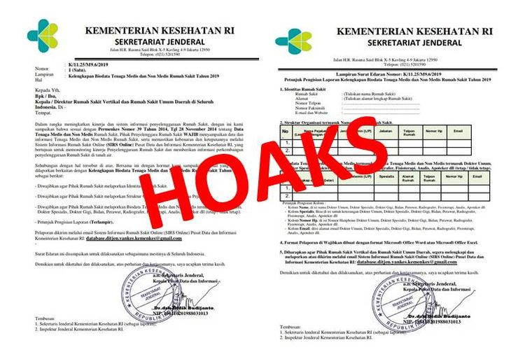 Hoaks surat permintaan kelengkapan biodata tenaga medis dan non medis di rumah sakit yang mengatasnamakan Kementerian Kesehatan.