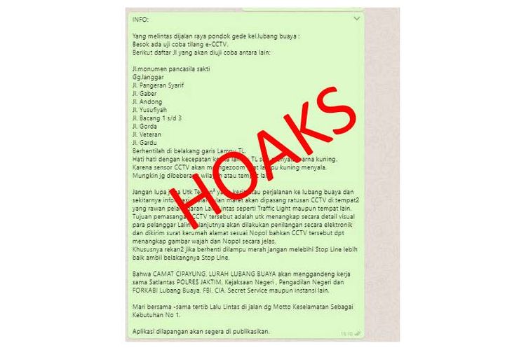 Pesan berisi adanya uji coba tilang elektronik atau menggunakan CCTV di sejumlah titik di DKI Jakarta beredar di aplikasi pesan WhatsApp.