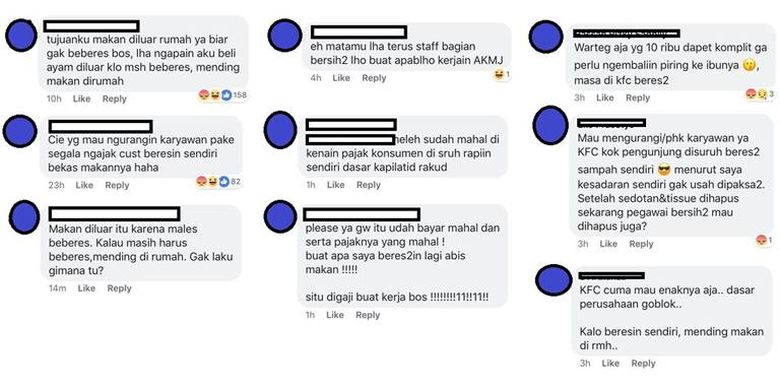 Beberapa komentar warganet terhadap kampanye KFC Beberes Makan di media sosial.