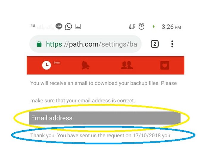 Masukan alamat e-mail ke kolom yang berlingkar kuning. Jika sudah mengirim permintaan, pengguna akan menerima notifikasi seperti yang tertera di dalam lingkaran biru.