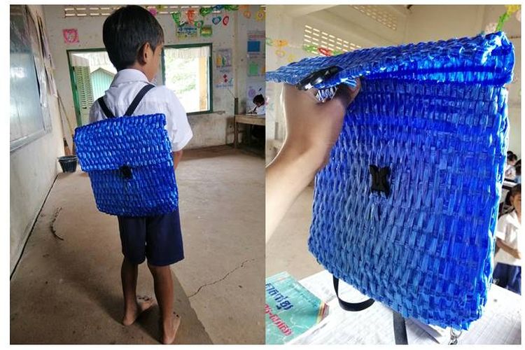 Seorang siswa, NY Keng (5) pakai tas terbuat dari rafia yang dibuat oleh ayahnya dan memperoleh perhatian warganet pada Senin (17/6/2019).