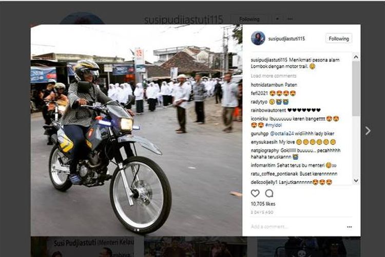 Menikmati pesona alam Lombok dengan motor trail. demikian keterangan yang menyertai foto yang diunggah Menteri Kelautan dan Perikanan Susi Pudjiastuti di akun Instagram miliknya, @susipudjiastuti115.