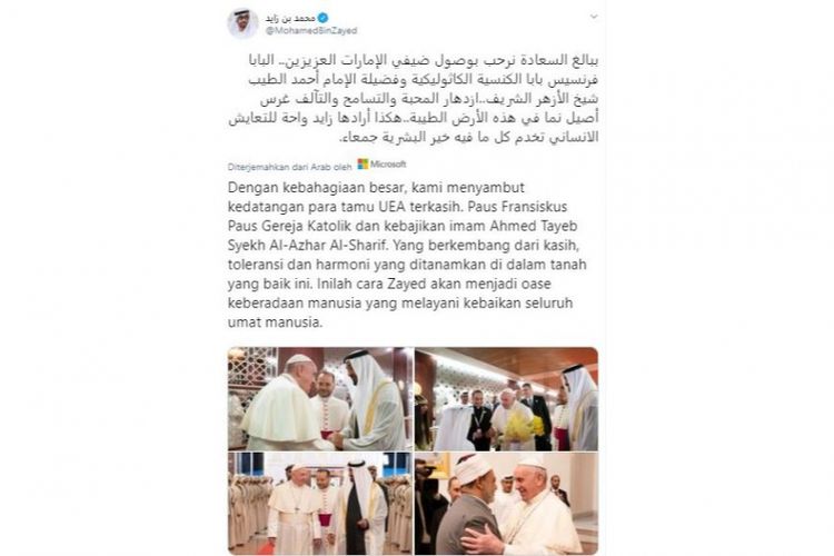 Sambutan Putra Mahkota Abu Dhabi untuk Paus disampaikan melalui Twitter.