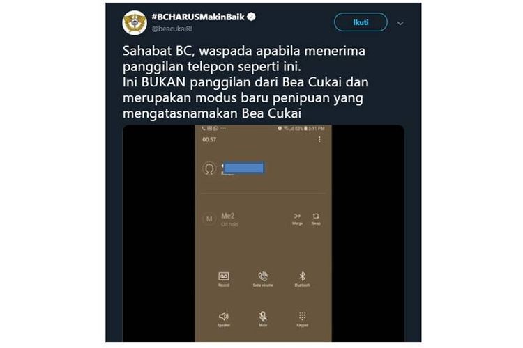 modus penipuan melalui panggilan telepon yang mengatasnamakan Direktorat Jenderal (Ditjen) Bea dan Cukai Kementerian Keuangan RI.