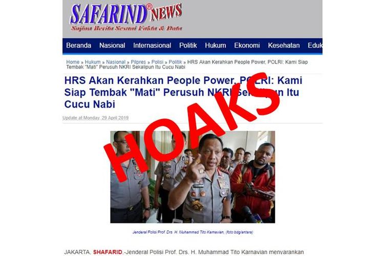 Hoaks artikel yang diduga menginfokan Kepolisian akan tembak mati perusuh NKRI yang kerahkan People Power.