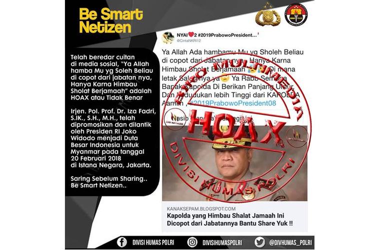 Kapolda Sumatera Selatan, Iza Fadri dicopot jabatannya karena dugaan imbau ibadah berjamaah, Polri tegaskan info tersebut adalah hoaks.
