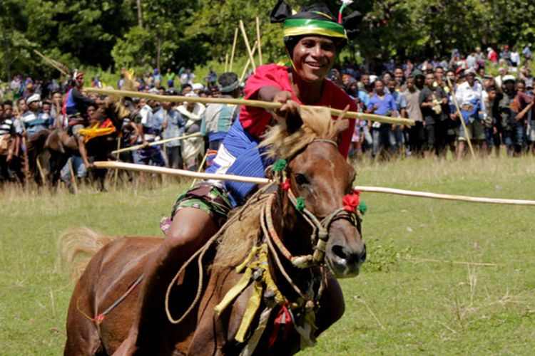 Seorang peserta bersiap melempar kayu ke arah lawan dalam Festival Pasola, di Kecamatan Wanokaka, Kabupaten Sumba Barat, NTT, Selasa (26/2/2019). Festival Pasola Wanokaka yang digelar satu tahun sekali itu sebagai bagian dari kegiatan menjaga adat dan tradisi masyarakat Sumba, khususnya Merapu agama asali orang Sumba.