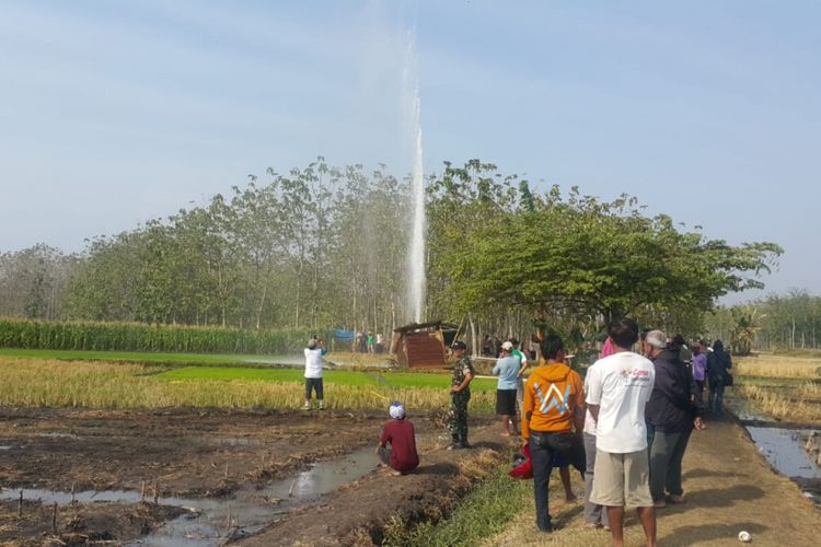 Nampak semburan air masih keluar di sawah milik Mujiyanto, warga Dusun Babadan, Desa Sidolaju, Kecamatan Widodaren, Kabupaten Ngawi, Jawa Timur, Rabu ( 8/8/2018).