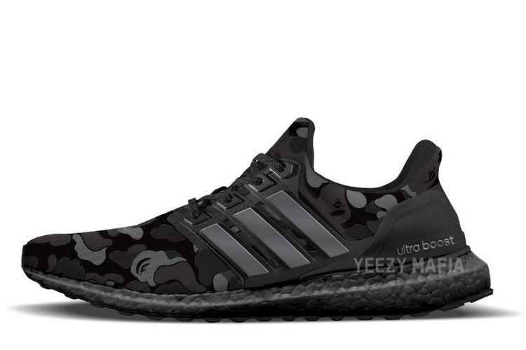 Rekaan hasil kolaborasi Adidas UltraBoost x BAPE dalam varian warna hitam.