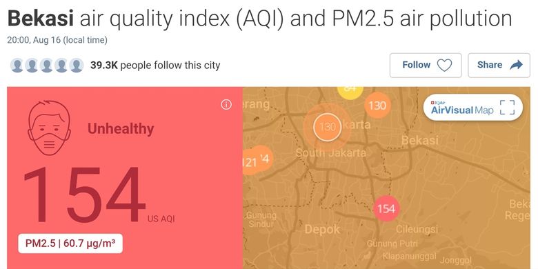 Bidik layar kualitas udara Bekasi menurut situs AirVisual, Jumat (16/8/2019) malam.