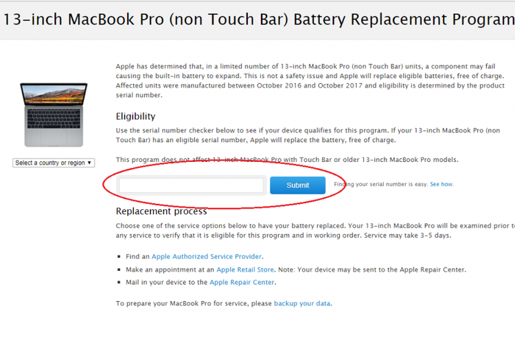 Untuk mengecek apakah MacBook pengguna terdampak atau tidak, masukan nomor seri MacBook di kolom berlingkar merah.