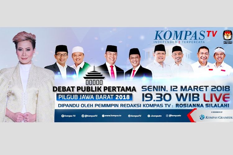 Debat publik pertama Pilkada Jawa Barat 2018 akan digelar di Kompas TV pada Senin (12/3/2018) pukul 12.30 WIB. Debat akan dipandu oleh Pemimpin Redaksi Kompas TV Rosianna Silalahi. 