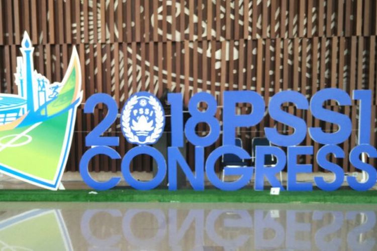 Logo Kongres PSSI 2018 yang terpampang di salah satu sudut Indonesia Convention Exhibition (ICE), Bumi Serpong Damai (BSD), Tangerang, Banten, Sabtu (13/1/2018) siang WIB.