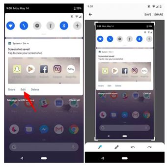 Opsi menyunting screenshot ditampilkan di panel notifikasi Android Pie usai tangkapan gambar diambil.