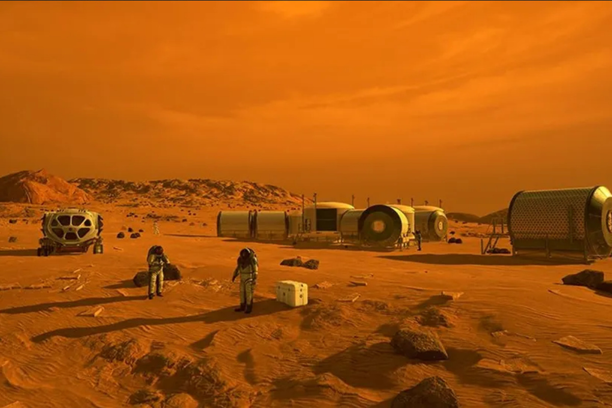 Ilustrasi koloni di Mars. Seandainya koloni Mars terbentuk, tidak mungkin bayi bisa lahir di luar angkasa, di lingkungan tanpa gravitasi.