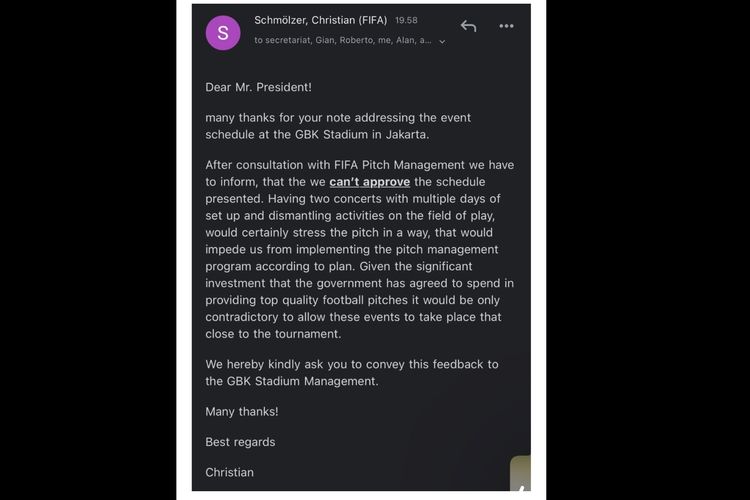 Surat balasan dari FIFA soal tidak boleh gelar konser di GBK. Konser BLACKPINK dan Raisa dipastikan tidak boleh digelar di GBK pada 2023.