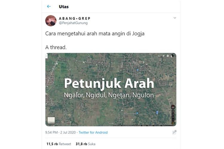 Tangkapan layar twit soal cara mengetahui arah mata angin di Jogja.