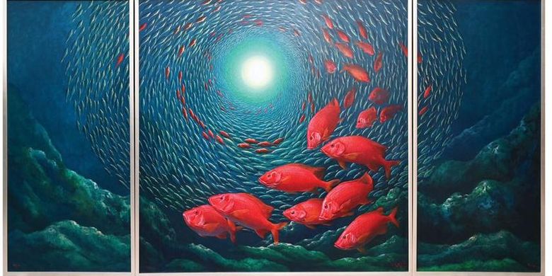 Lukisan karya M Yatim dengan judul Welcoming Luck 88 Red Fish cat minyak di kanvas dengan ukuran 150x290cm 