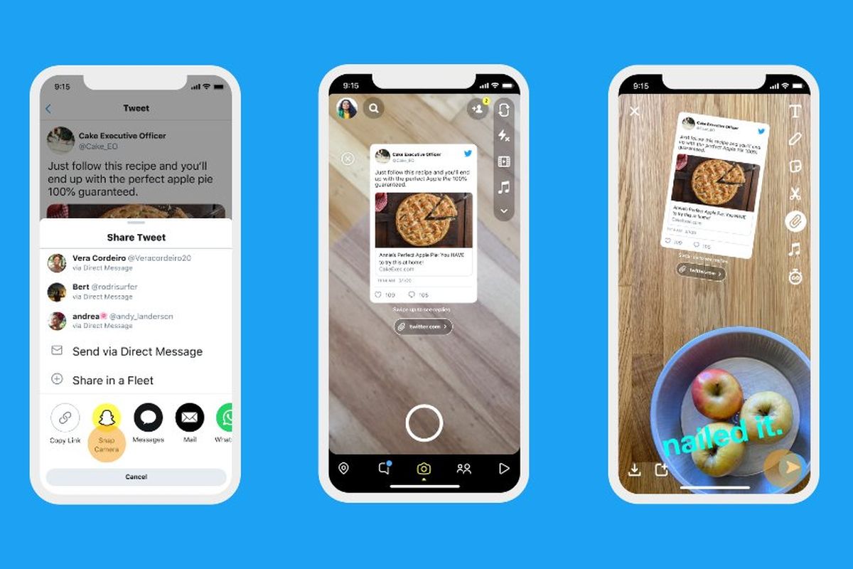 Ilustrasi fitur share tweet ke Snapchat.