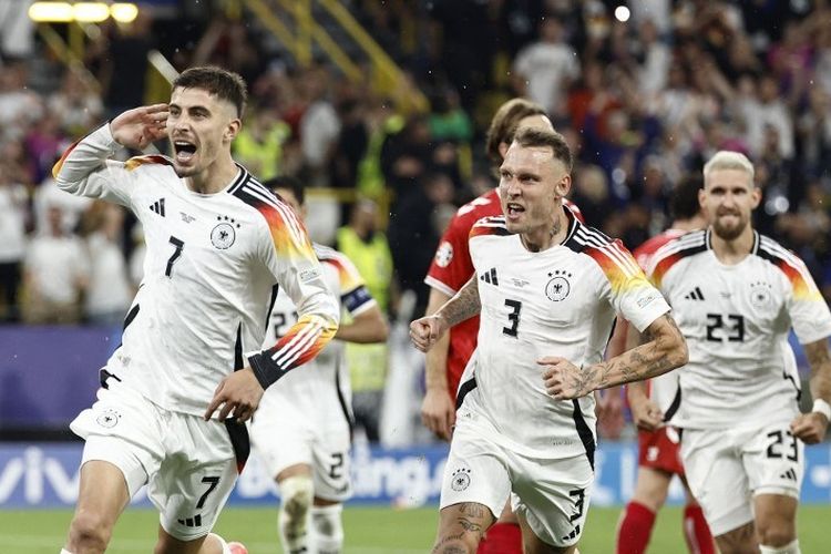 Momen selebrasi Kai Havertz usai mencetak gol dalam laga 16 besar Euro 2024 antara Jerman vs Denmark di Stadion BVB, Dortmund, 29 Juni 2024. (Photo by KENZO TRIBOUILLARD / AFP)