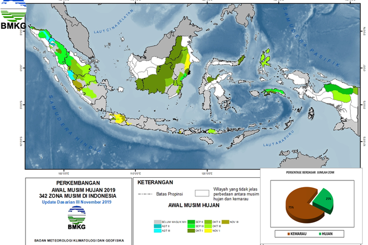 Update terbaru, perkembangan awal musim hujan 2019 di 342 zona musim (ZOM) di Indonesia.