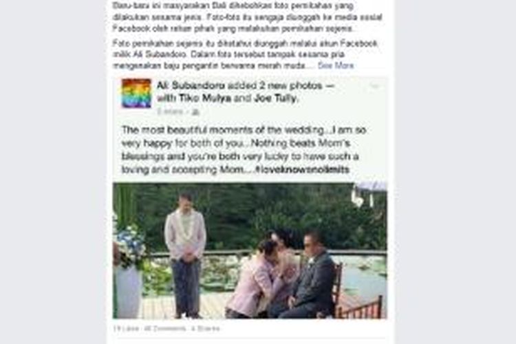 Foto yang menggambarkan prosesi pernikahan sejenis di Bali diunggah ke jejaring sosial dan mengundang kehebohan.