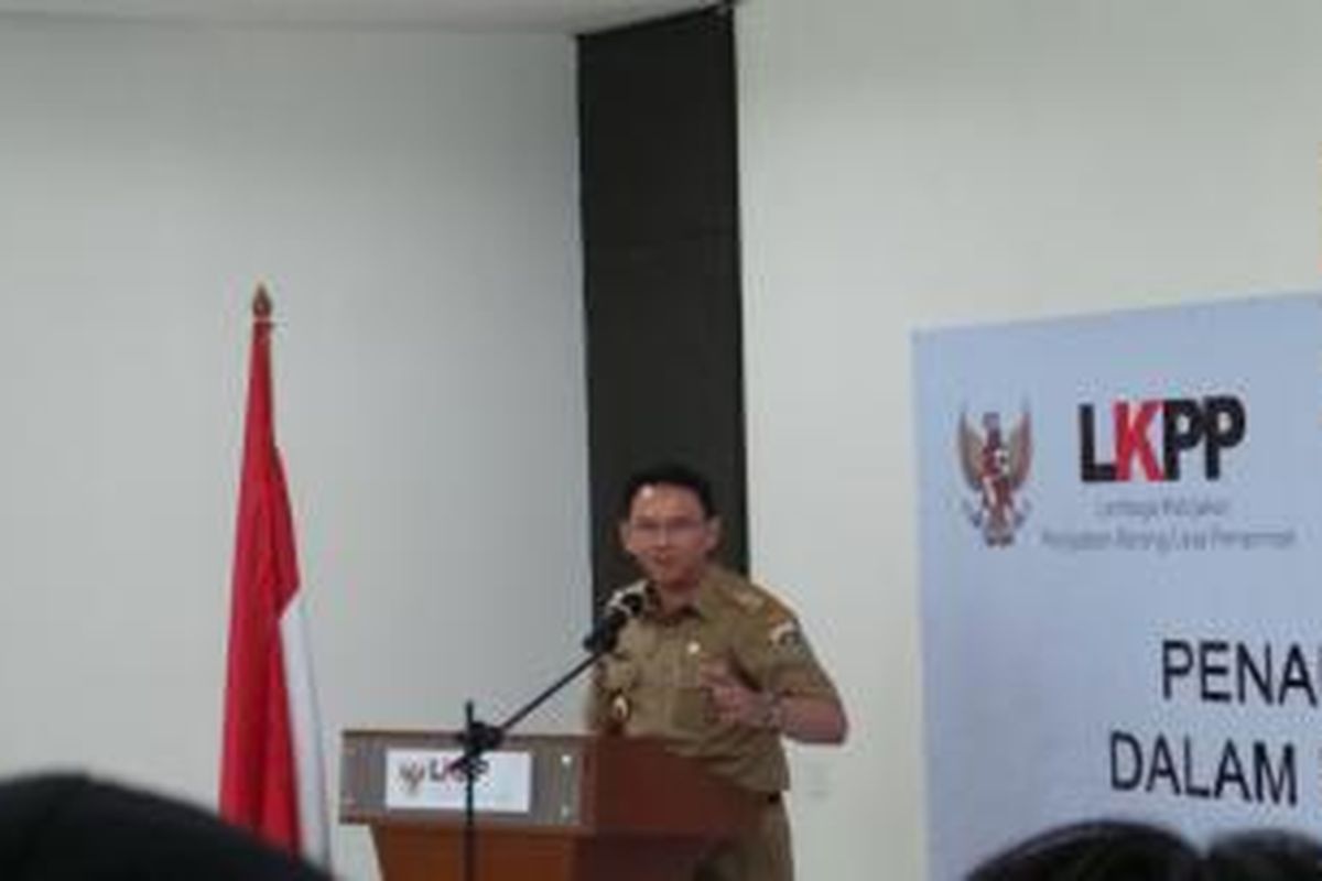 Wakil Gubernur DKI Jakarta Basuki Tjahaja Purnama di peluncuran e-katalog Lembaga Kebijakan Pengadaan Barang dan Jasa Pemerintah (LKPP).