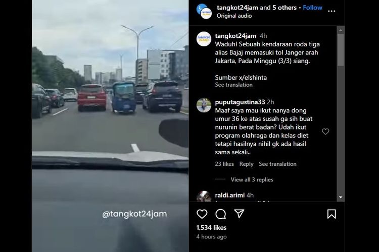 Bajaj masuk tol Janger (Jakarta-Tangerang) dan lawan arah di tengah padatnya lalu lintas