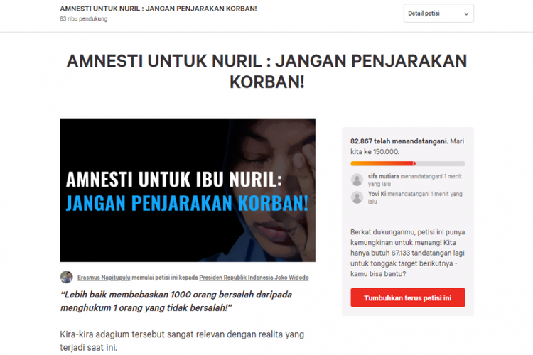Petisi online yang meminta Presiden Jokowi memberikan amnesti untuk Baiq Nuril.