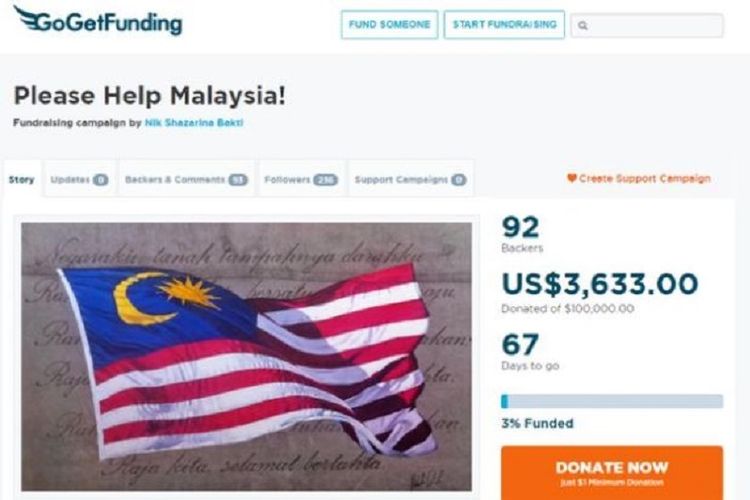 Inilah gambar akun donasi yang dibuat oleh seorang warga Malaysia bernama Nik Shazarina Bakti untuk membantu utang Malaysia sebesar Rp 3.500 triliun.