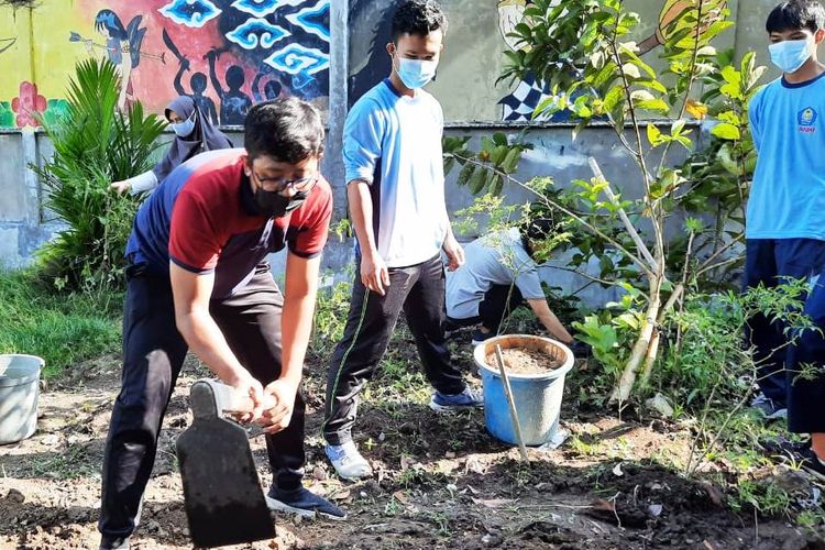 Siswa SMAN 1 Godean Sleman DIY saat ikut kegiatan penanaman pohon dan sayuran di sekolah.