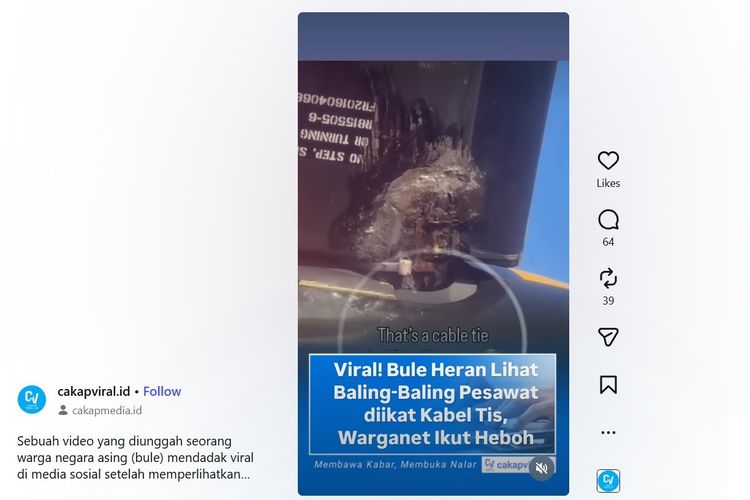 Tangkapan layar video baling-baling pesawat Wings Air diikat cable ties (kabel tis). Simak penjelasan pihak maskapai penerbangan.