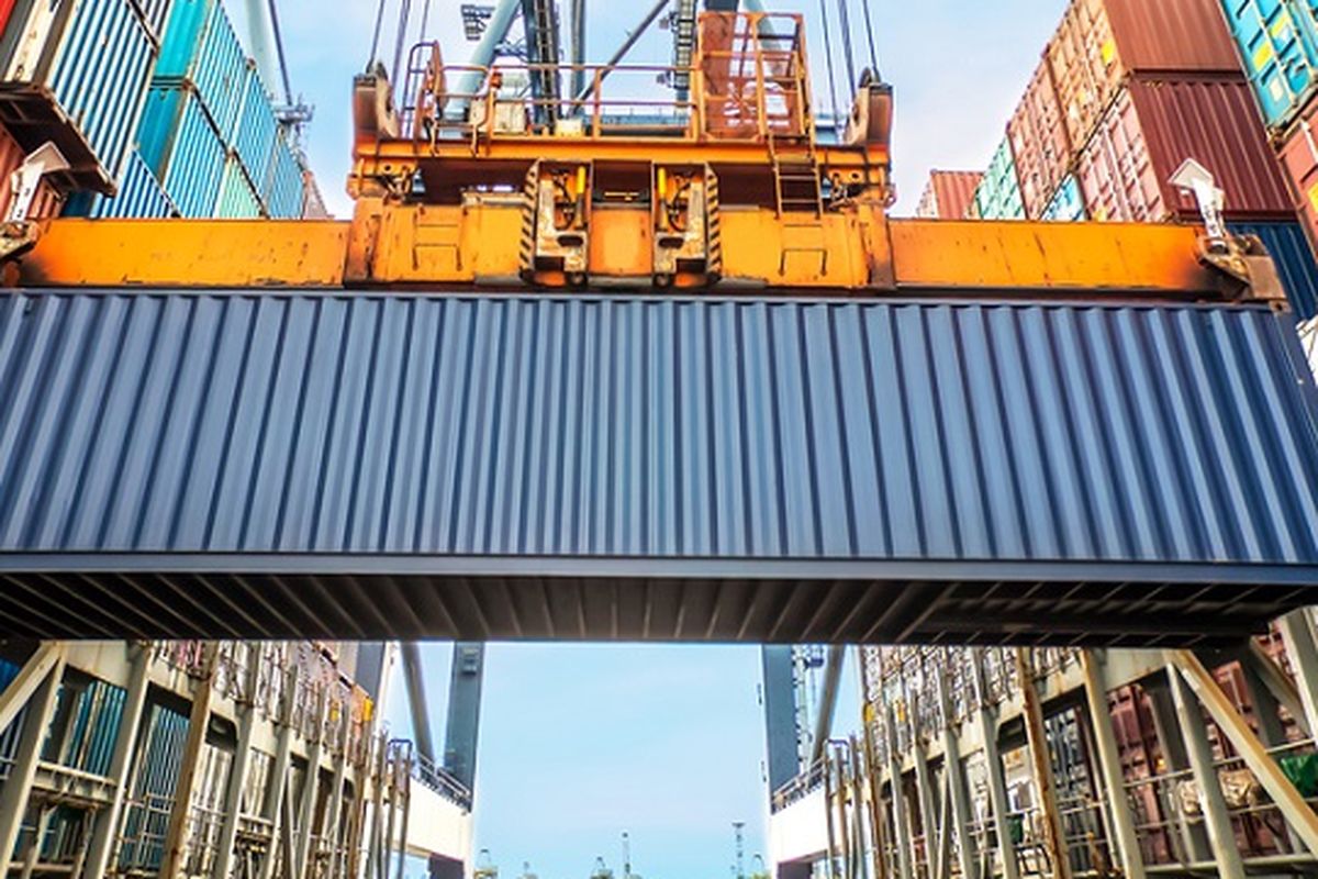 An image of containers at a port. 