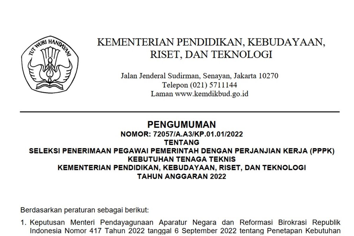 Kemendikbud Ristek membuka seleksi penerimaan Pegawai Pemerintah dengan Perjanjian Kerja (PPPK) Tenaga Teknis tahun anggaran 2022.