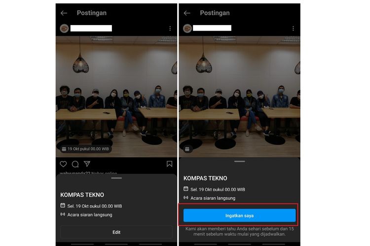 Fitur pengingat Siaran Langsung Instagram.