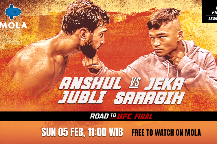 Jeka Saragih bakal menghadapi petarung India, Anshul Jubli, di final divisi kelas ringan Road to UFC di UFC Apex, Las Vegas, Nevada, Amerika Serikat, pada Minggu (5/2/2023).